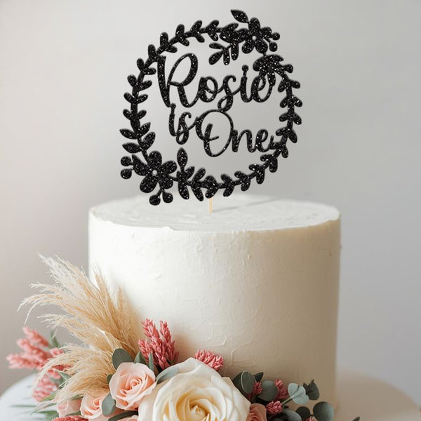 Personalised Floral Wreath First Birthday Cake Topper with Name - view 2