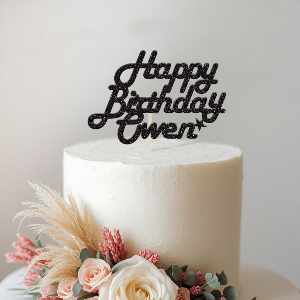 Personalised Happy Birthday Flowing Script Cake Topper with Name - view 2