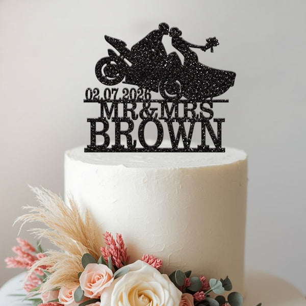 Personalised Motorbike Wedding Cake Topper with Surname and Date - view 2