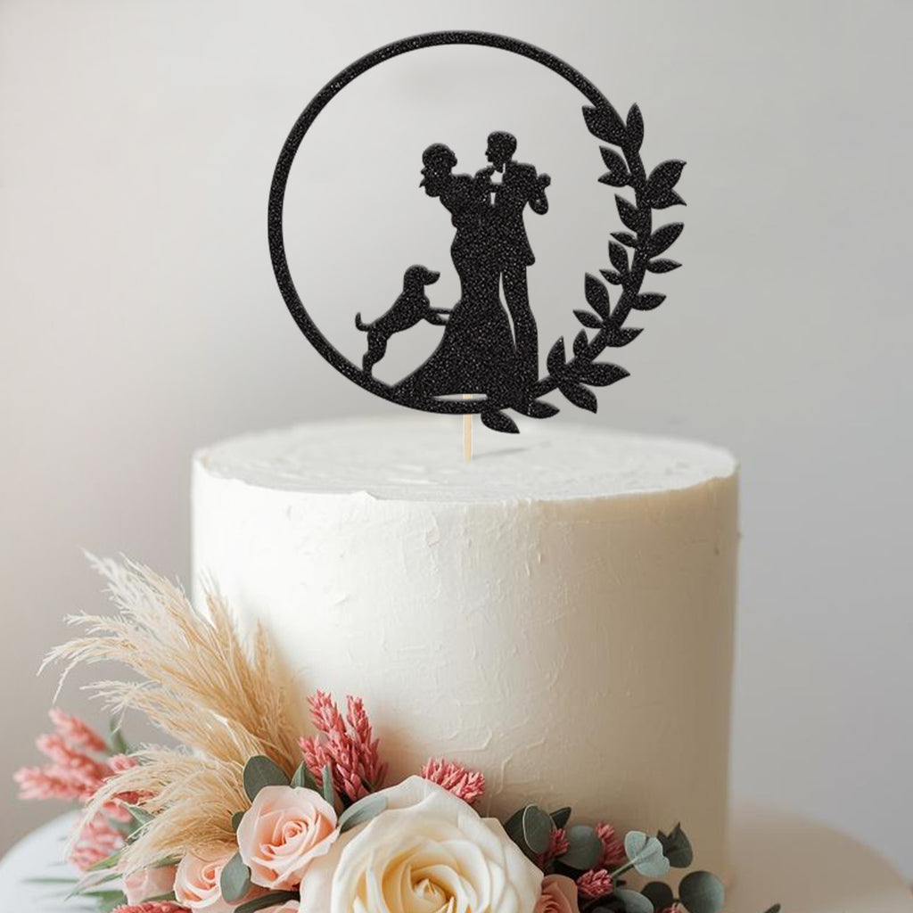 Wedding Couple & Dog Leaf Circle Cake Topper - view 2