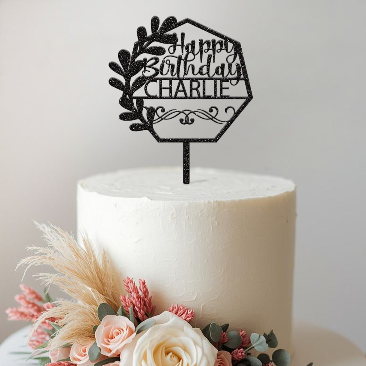 Personalised Botanical Geometric Birthday Cake Topper with Name - view 2