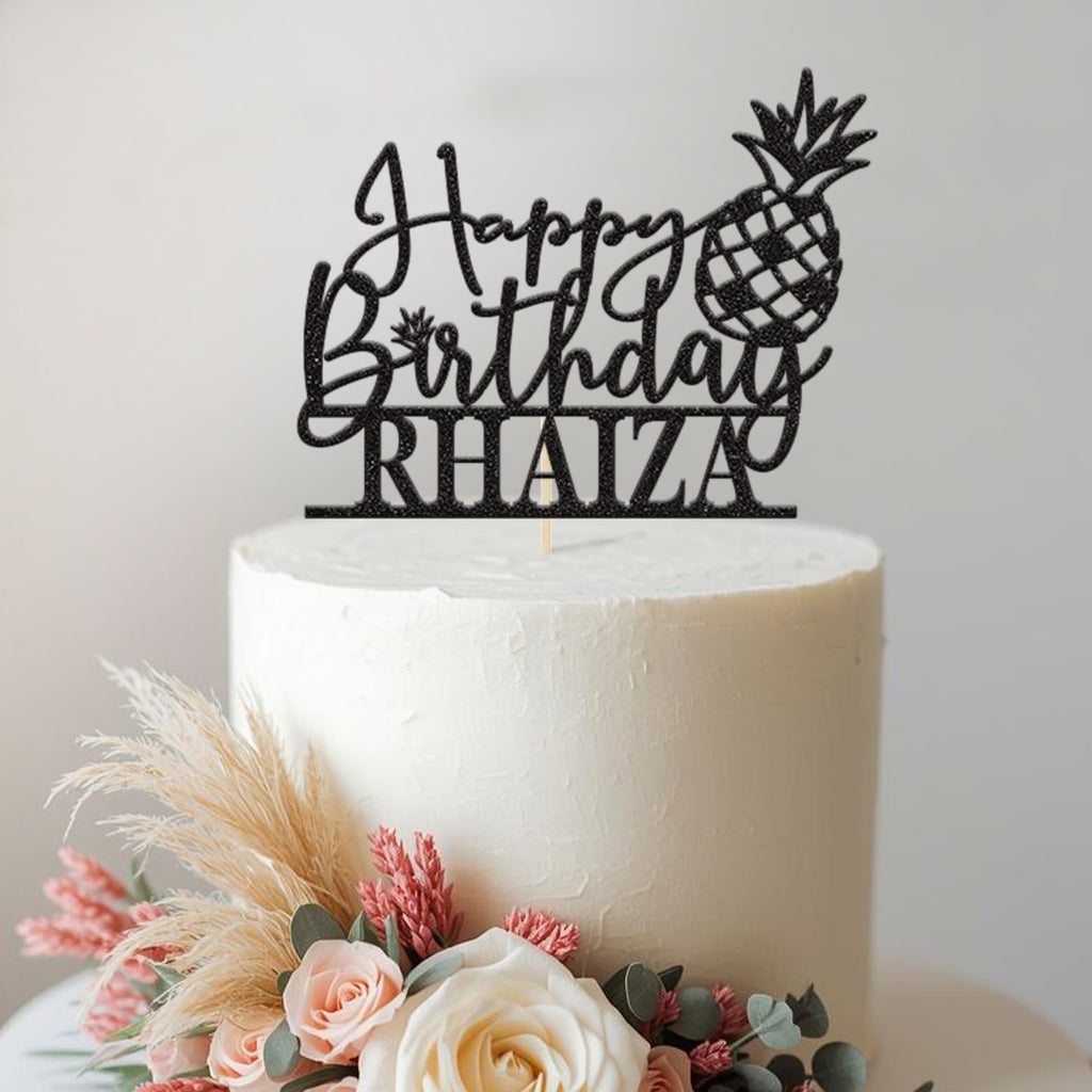 Personalised Tropical Pineapple Birthday Cake Topper with Name - view 2