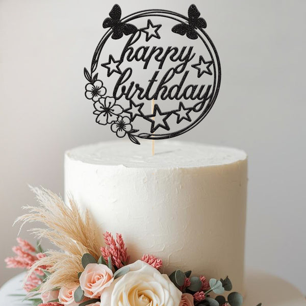 Happy Birthday Floral Butterfly Circle Cake Topper - view 2