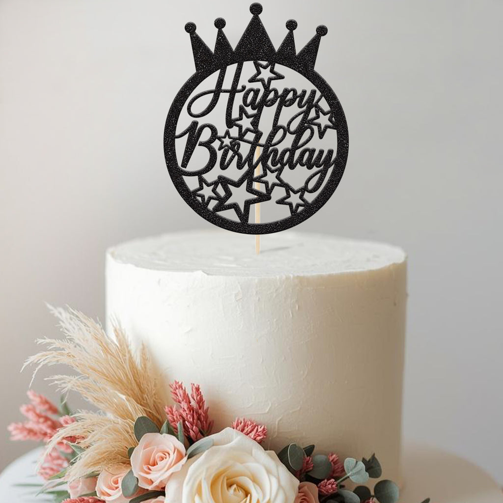 Happy Birthday Crown and Stars Circle Cake Topper - view 2