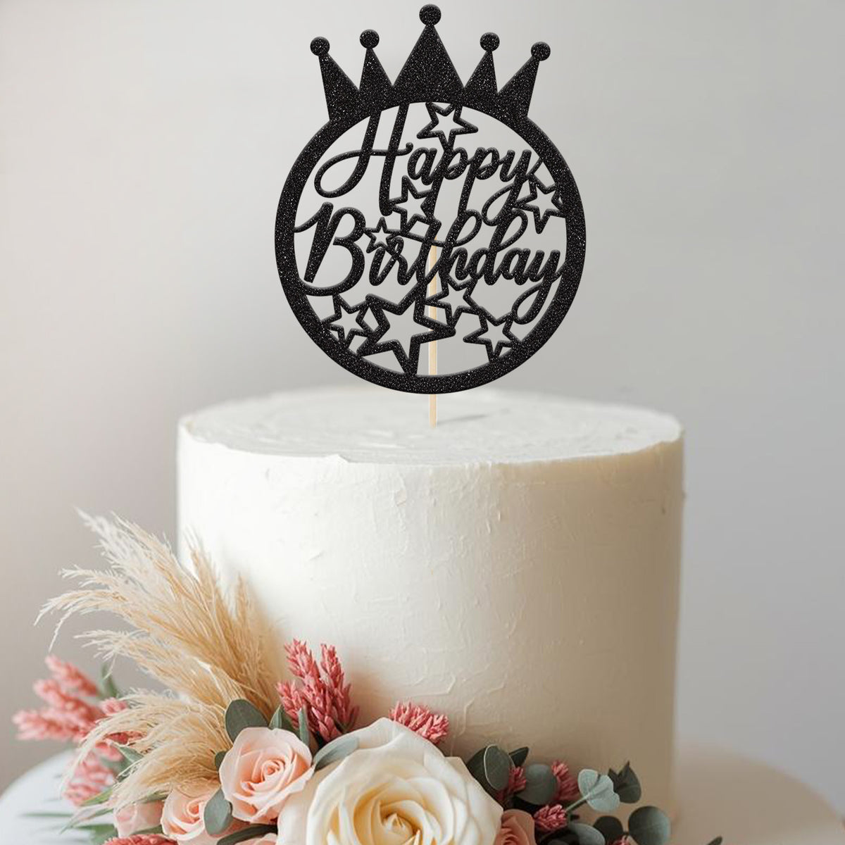 Happy Birthday Crown and Stars Circle Cake Topper - view 2