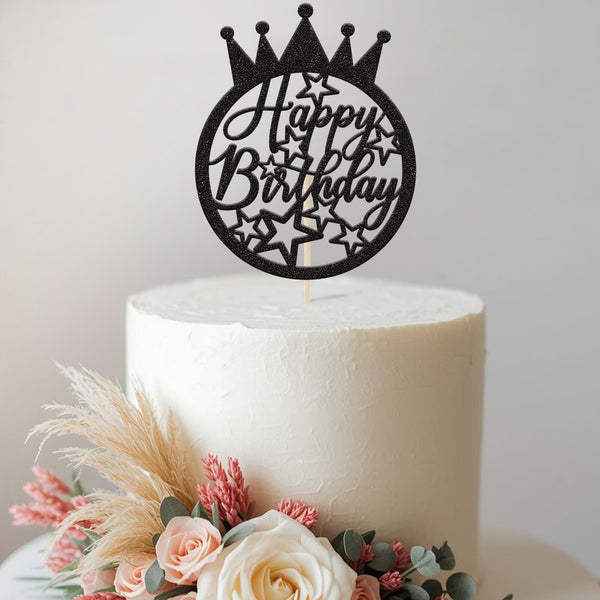 Happy Birthday Crown and Stars Circle Cake Topper - view 2
