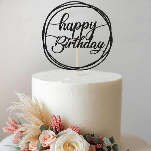 Happy Birthday Calligraphy Circle Cake Topper - view 2