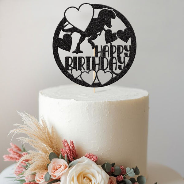 Happy Birthday Dinosaur and Hearts Circle Cake Topper - view 2