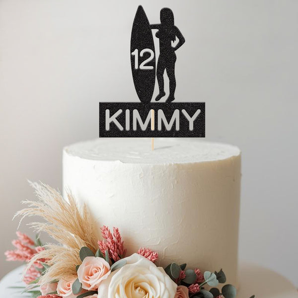Personalised Female Surfer Birthday Cake Topper Any Age and Name - view 2