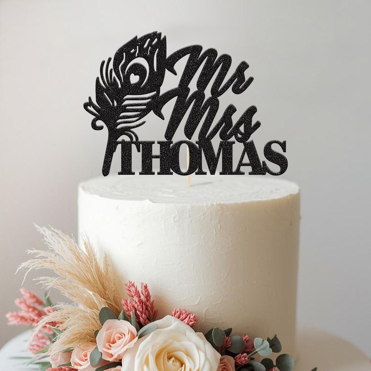 Personalised Peacock Feather Wedding Cake Topper with Surname - view 2 Main image