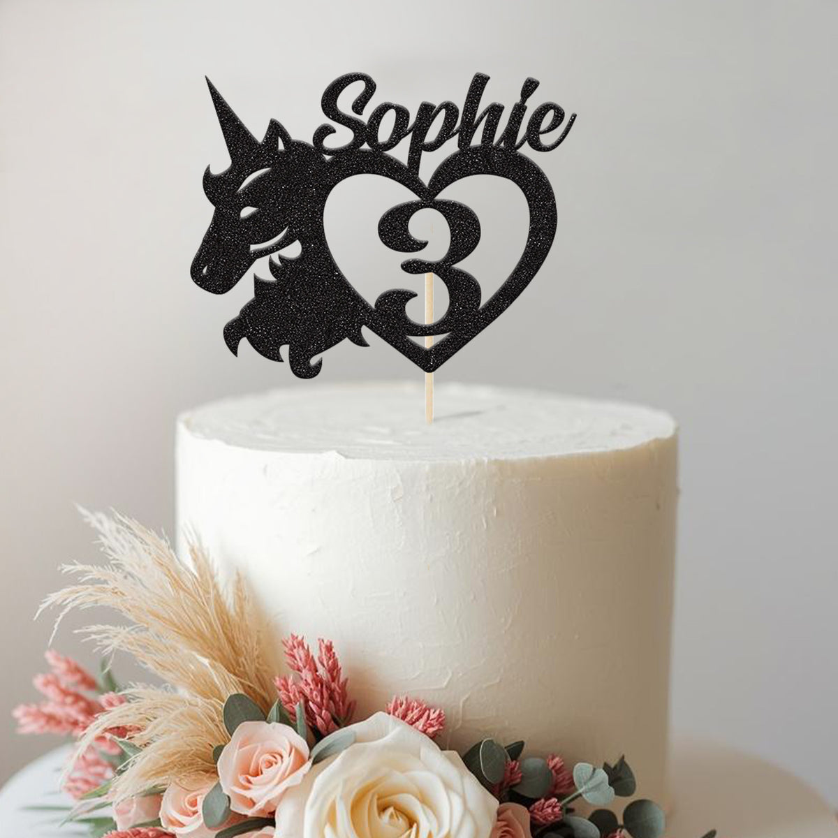 Personalised Unicorn Head & Heart Cake Topper – Name & Age - view 2