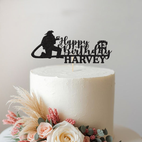 Personalised Firefighter & Hose Cake Topper – Name & Age - view 2