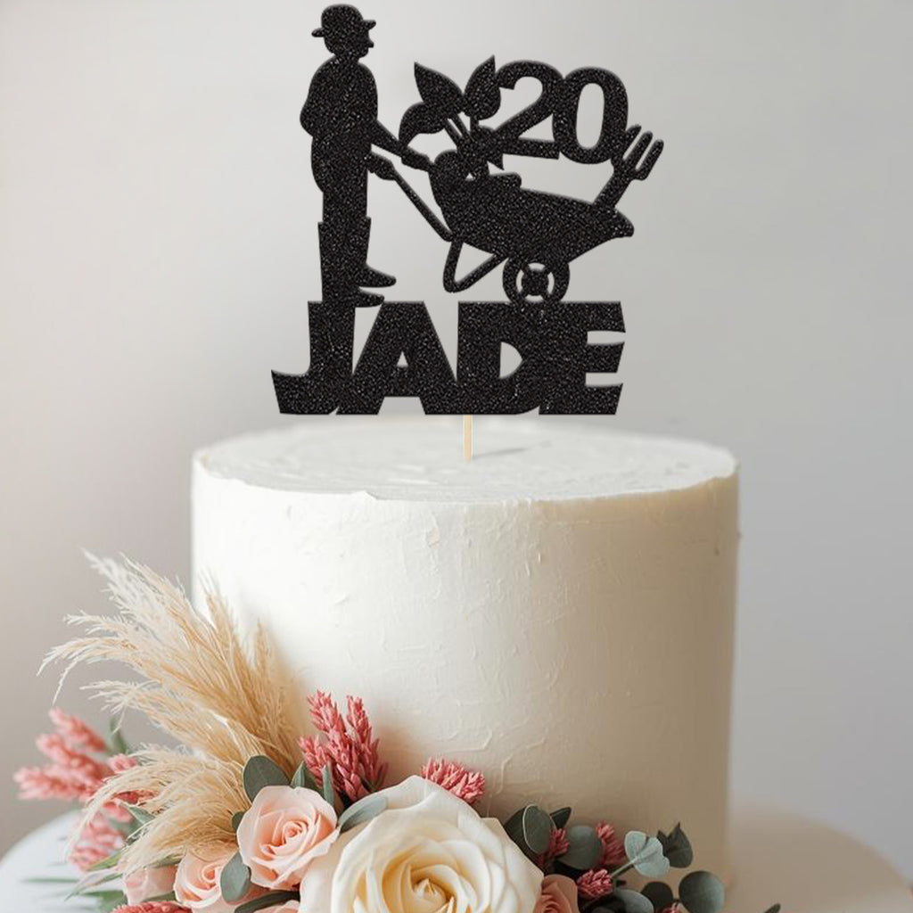 Personalised Gardener & Wheelbarrow Cake Topper – Name & Age - view 2