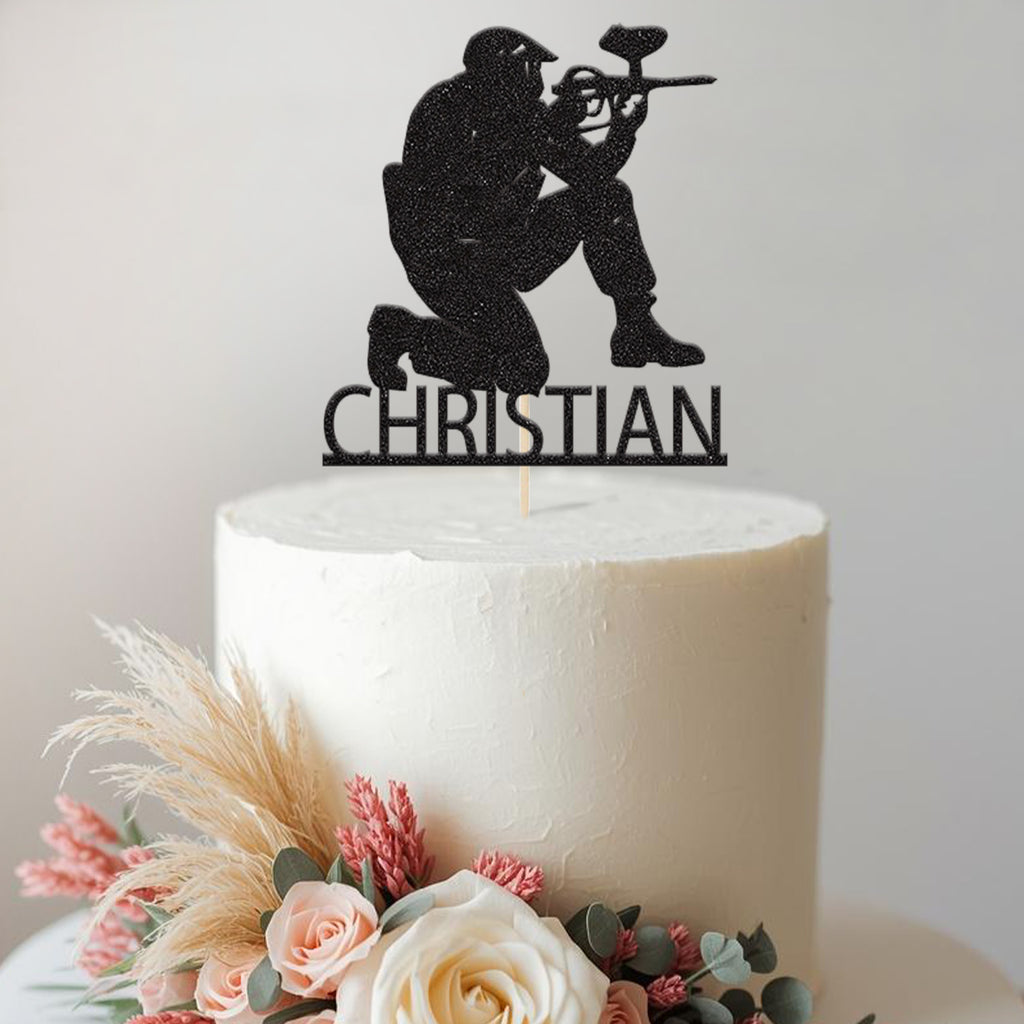 Personalised Kneeling Paintball Player Cake Topper – Name - view 2