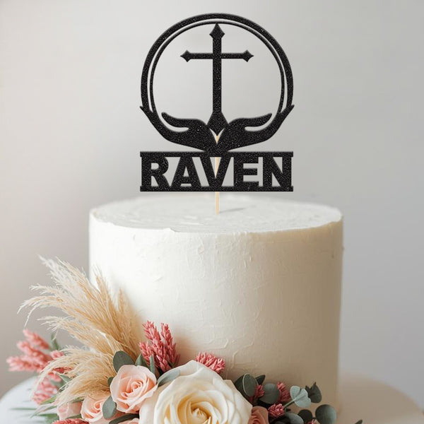 Personalised Cross & Cupped Hands Circle Cake Topper – Name - view 2