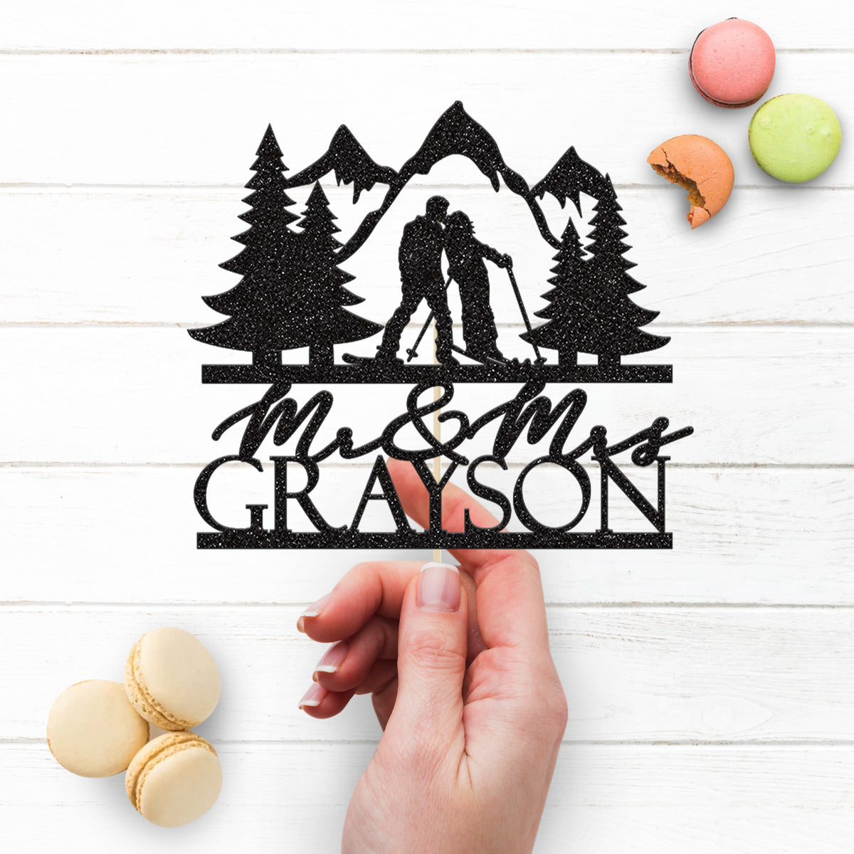 Personalised Skiing Couple Mountain Wedding Cake Topper – Surname - view 3