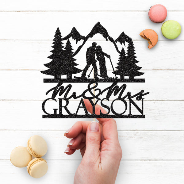 Personalised Skiing Couple Mountain Wedding Cake Topper – Surname - view 3