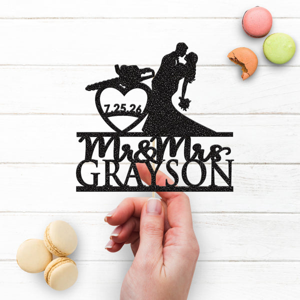 Personalised Chainsaw Heart Wedding Cake Topper – Surname & Date - view 3