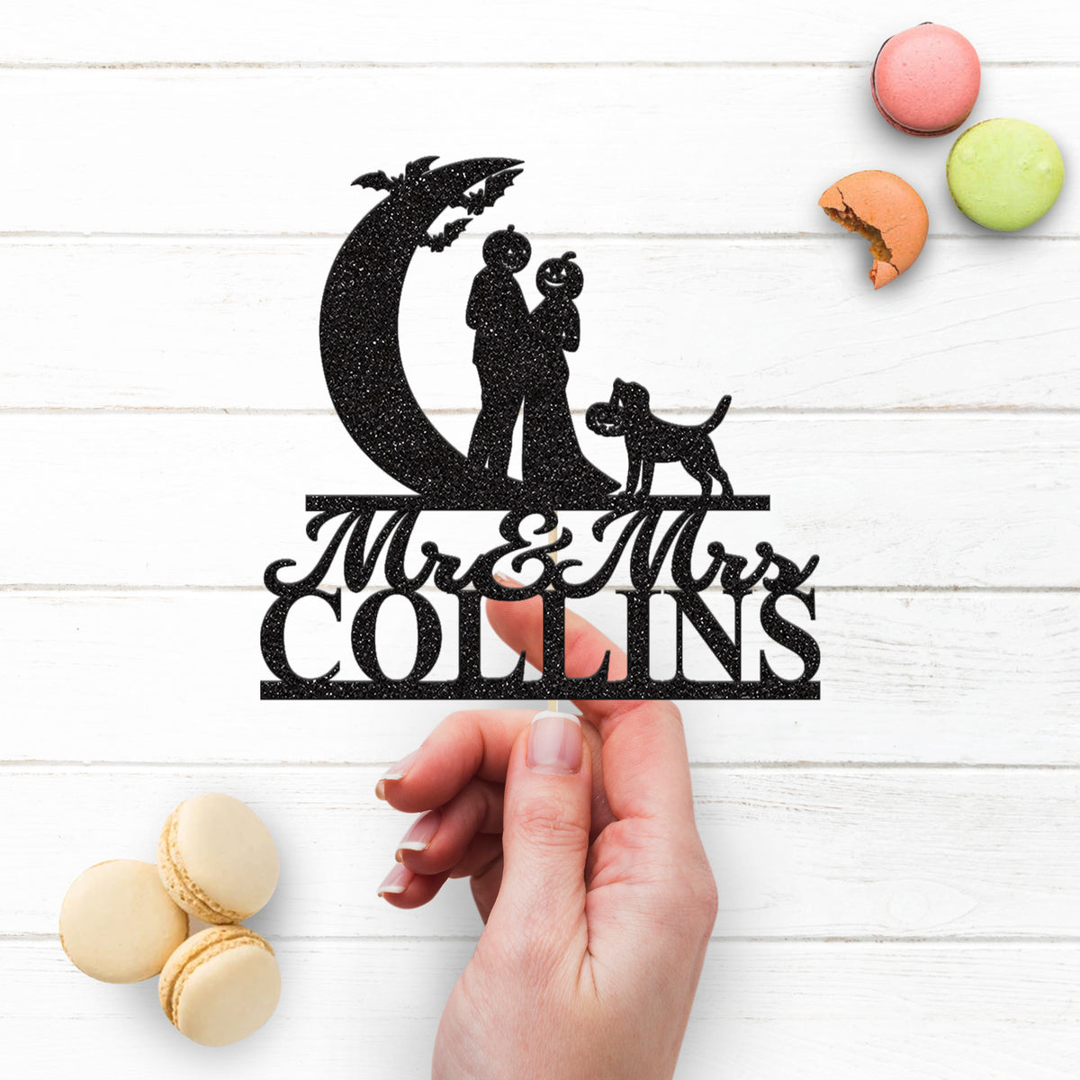 Personalised Pumpkin-Head Couple & Dog Halloween Wedding Cake Topper – Surname - view 3