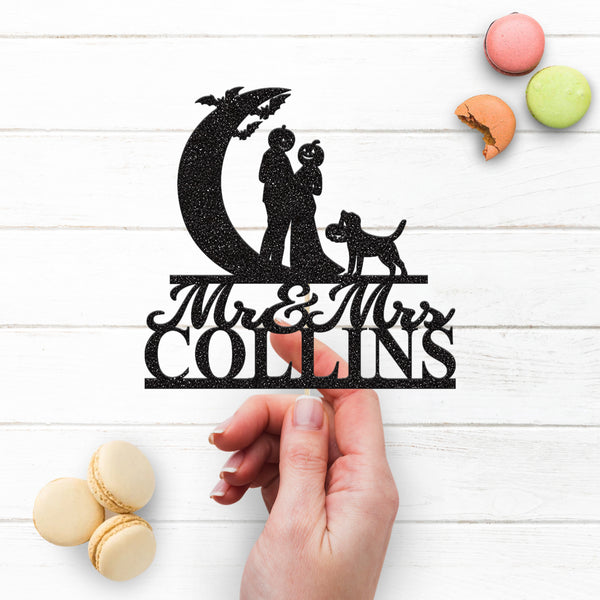 Personalised Pumpkin-Head Couple & Dog Halloween Wedding Cake Topper – Surname - view 3