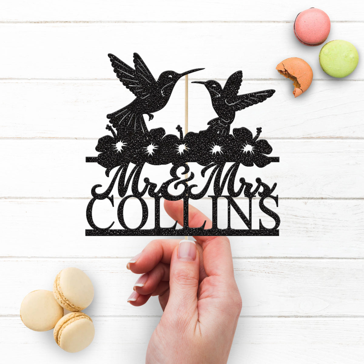 Personalised Hummingbird Pair & Flowers Wedding Cake Topper – Surname - view 3