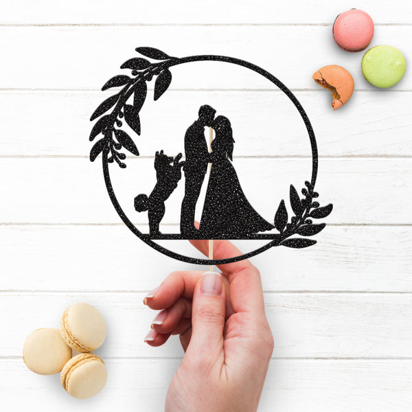 Kissing Couple & Jumping Dog Olive Wreath Wedding Cake Topper - view 3