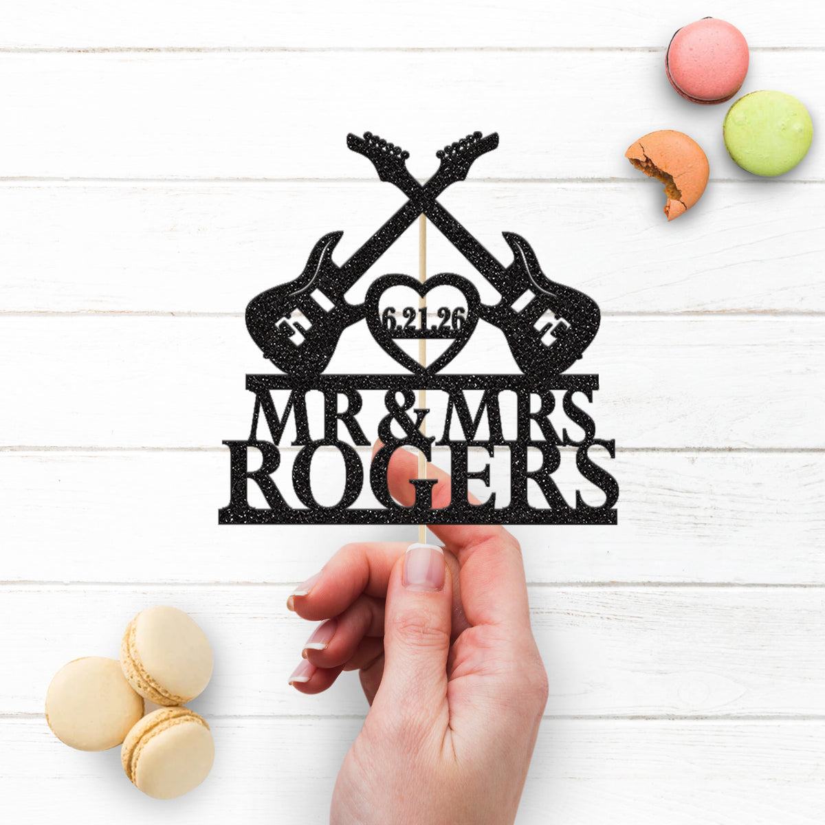 Personalised Crossed Guitars Wedding Cake Topper – Surname & Date - view 3