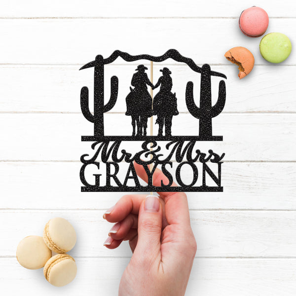 Personalised Horseback Cowboy Couple Wedding Cake Topper – Surname - view 3