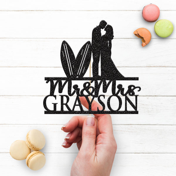 Personalised Surfing Couple Wedding Cake Topper – Surname - view 3