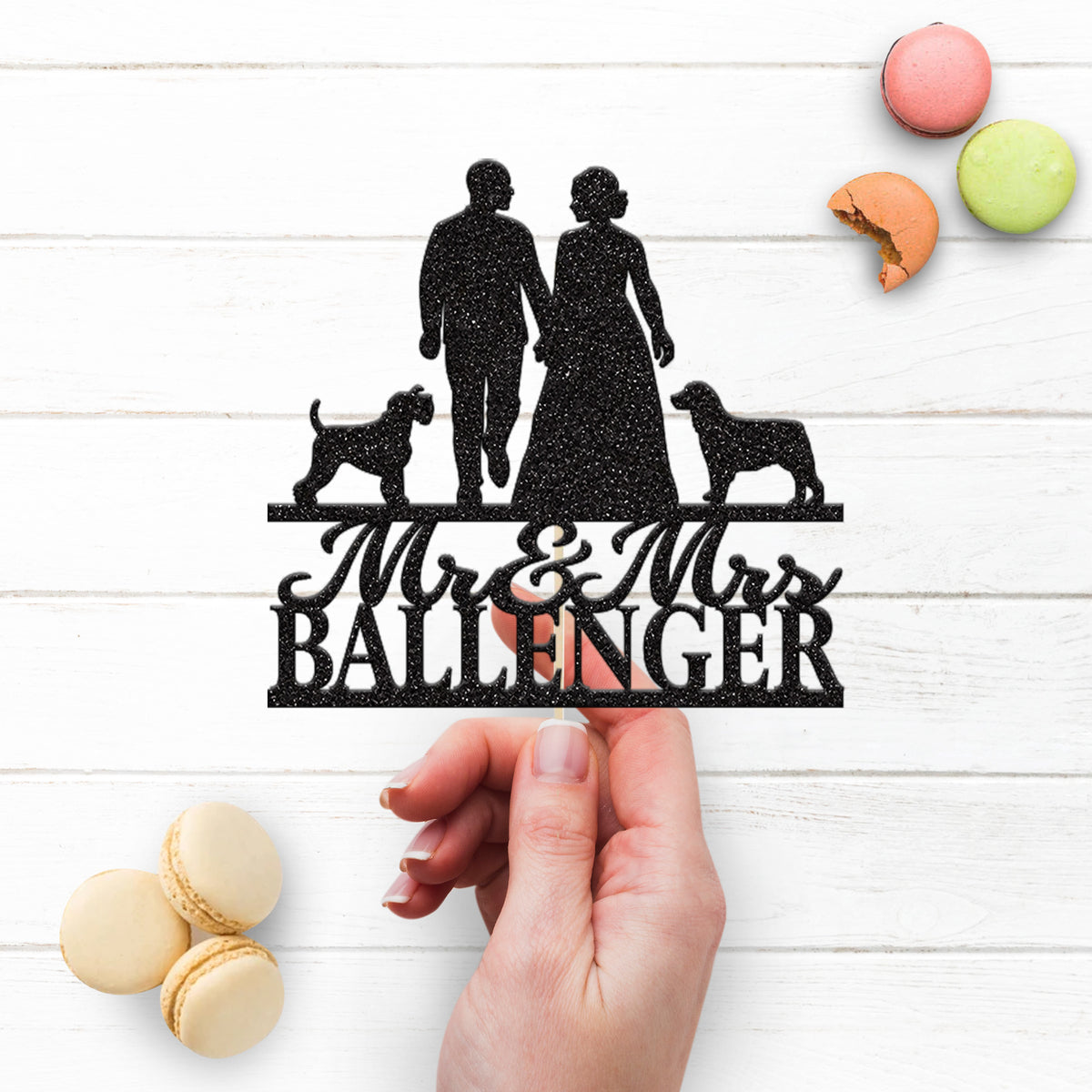 Personalised Wedding Couple & Two Dogs Cake Topper – Surname - view 3