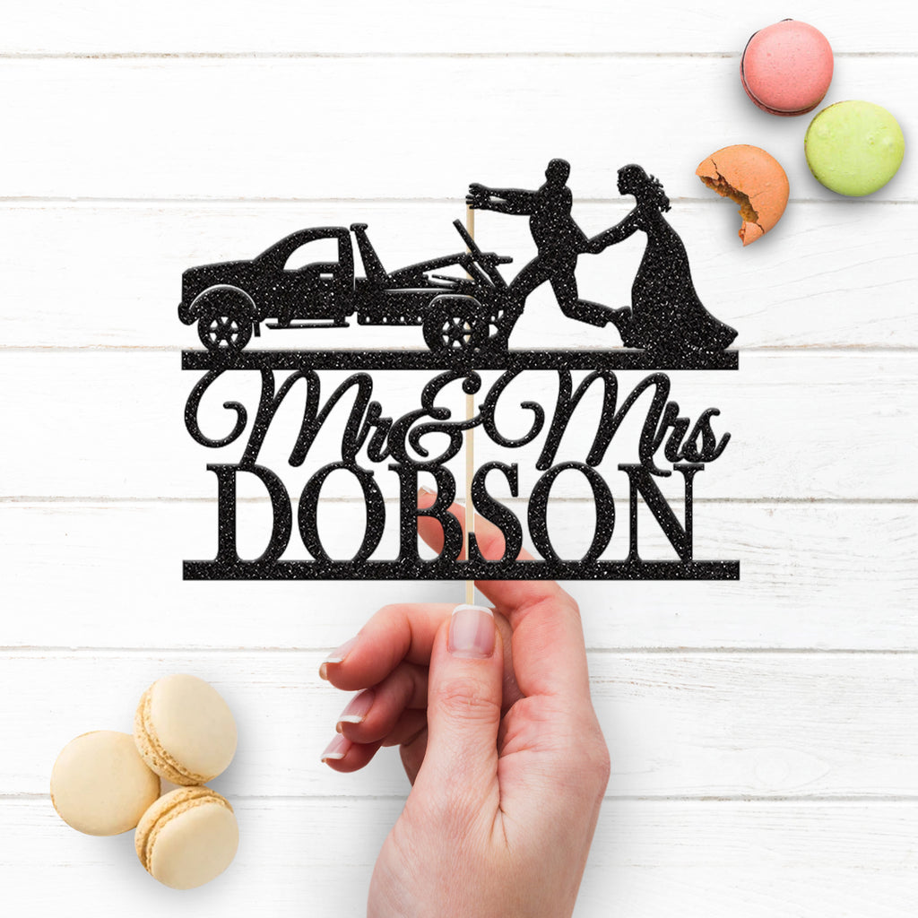 Personalised Tow Truck Wedding Couple Cake Topper – Surname - view 3