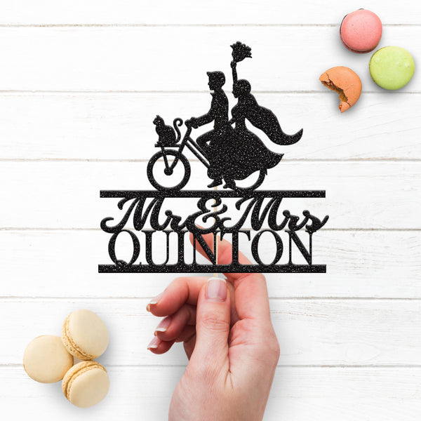 Personalised Bicycle Wedding Couple & Cat Cake Topper – Surname - view 3