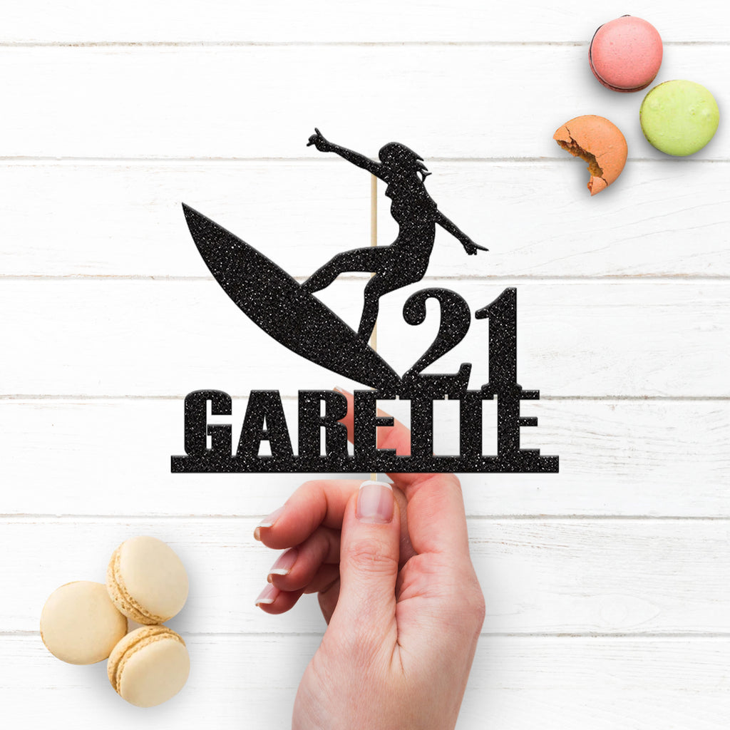 Personalised Female Surfer on Board Cake Topper – Name & Age - view 3