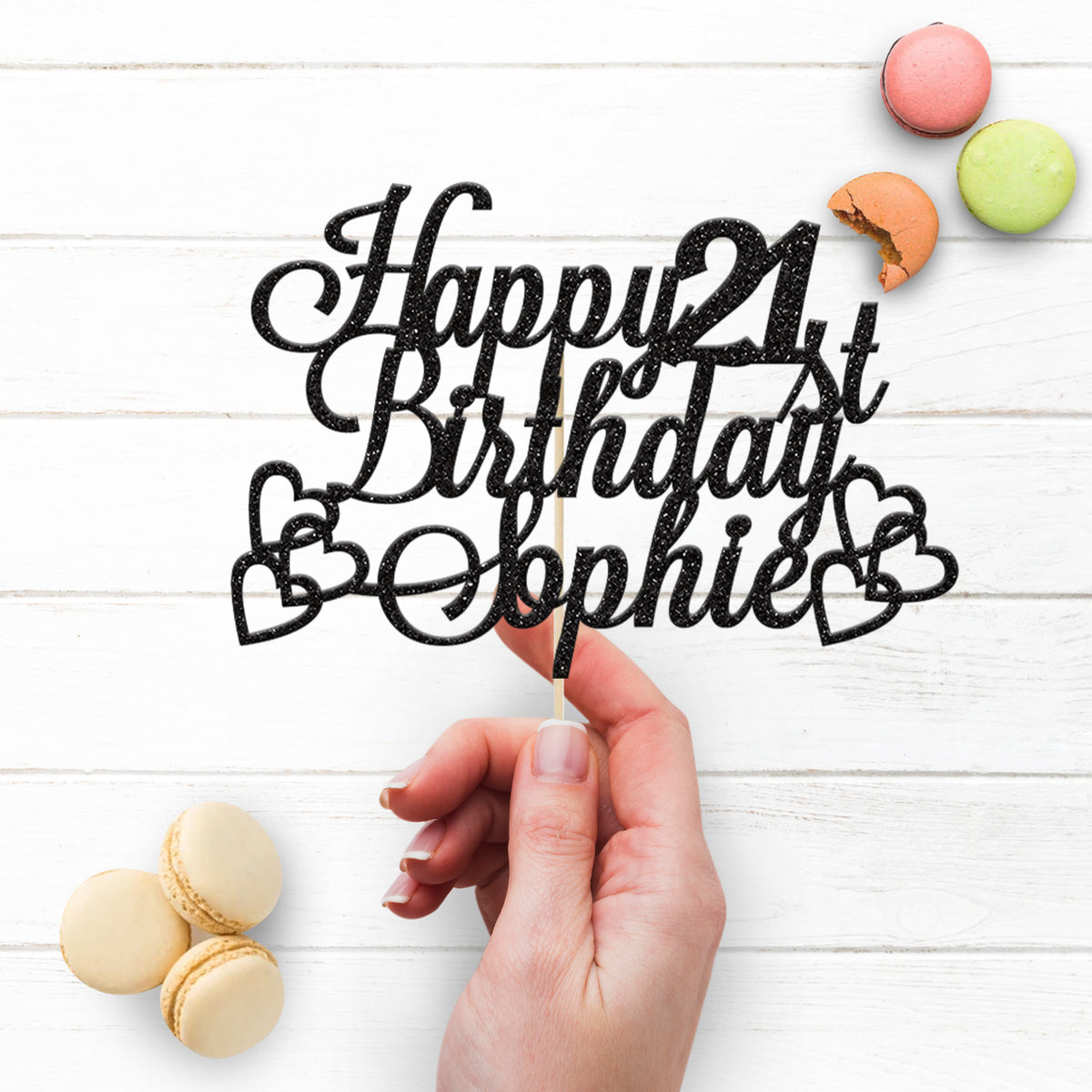 Personalised Birthday Hearts Script Cake Topper – Name & Age - view 3