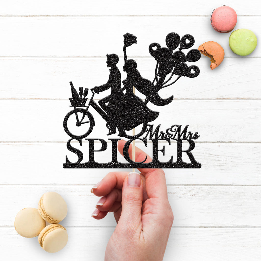 Personalised Bicycle Wedding Couple & Balloons Cake Topper – Surname - view 3
