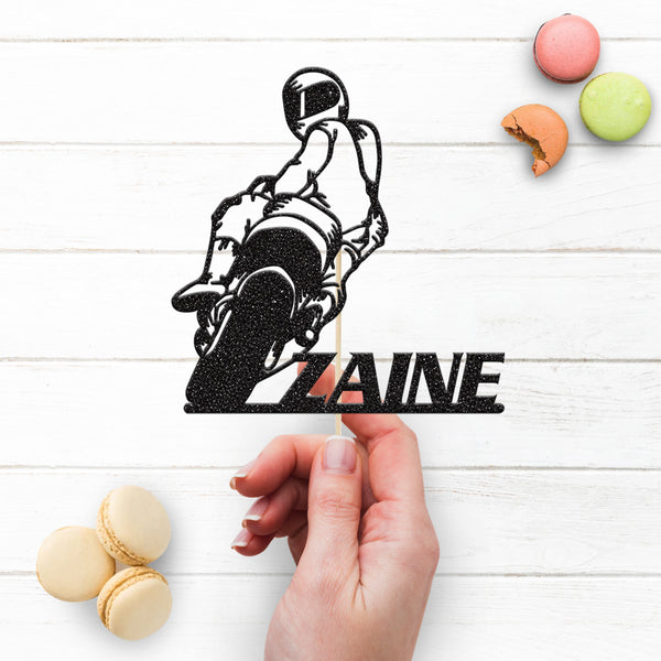 Personalised Leaning Motorbike Rider Cake Topper – Name - view 3