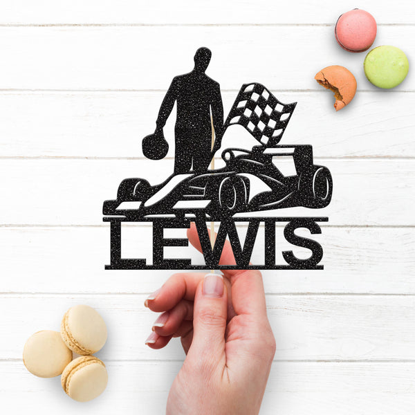 Personalised Open-Wheel Racing Driver Cake Topper – Name - view 3