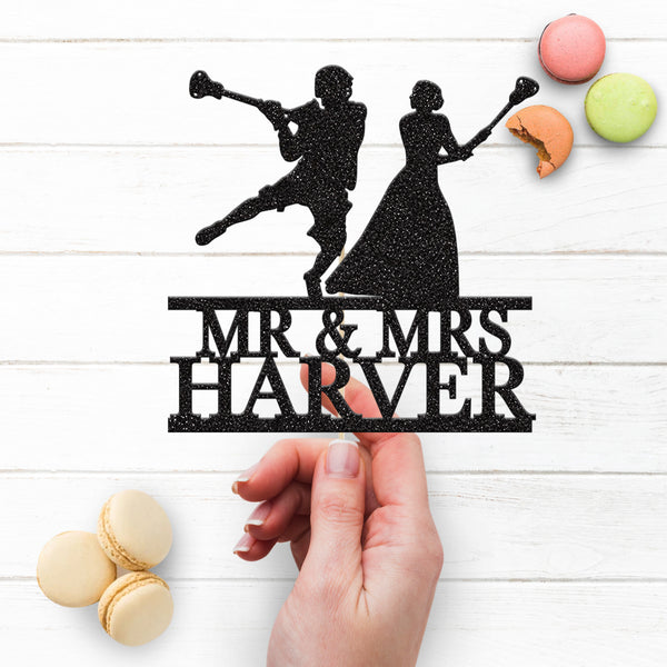 Personalised Lacrosse Couple Wedding Cake Topper – Surname - view 3