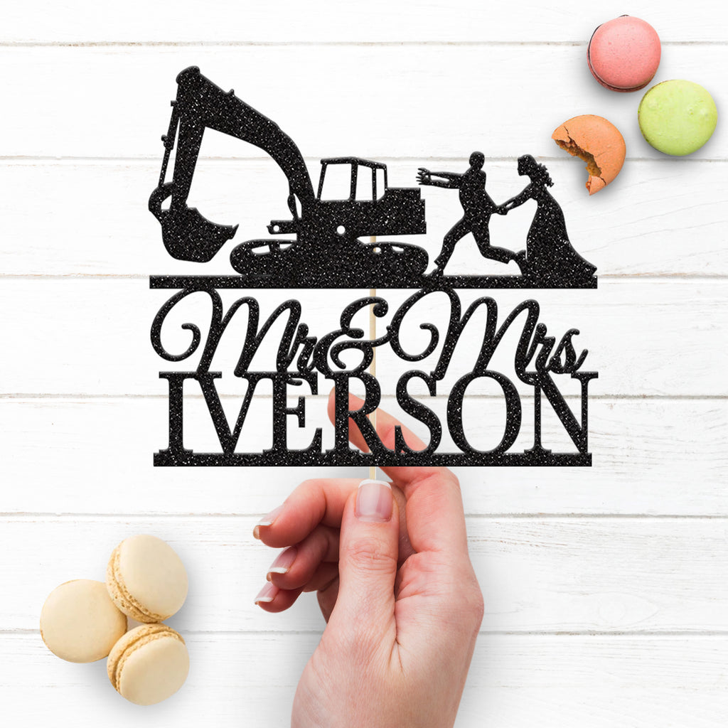 Personalised Excavator Wedding Couple Cake Topper – Surname - view 3