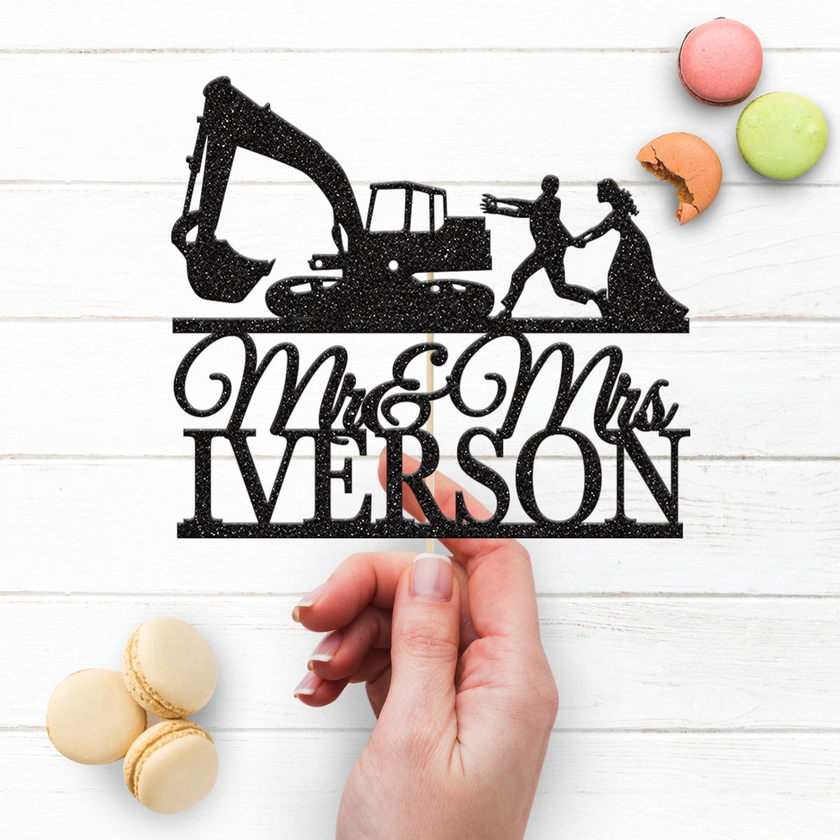 Personalised Excavator Wedding Couple Cake Topper – Surname - view 3
