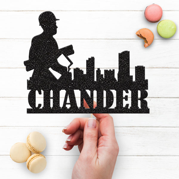 Personalised Construction Worker Skyline Cake Topper – Name - view 3