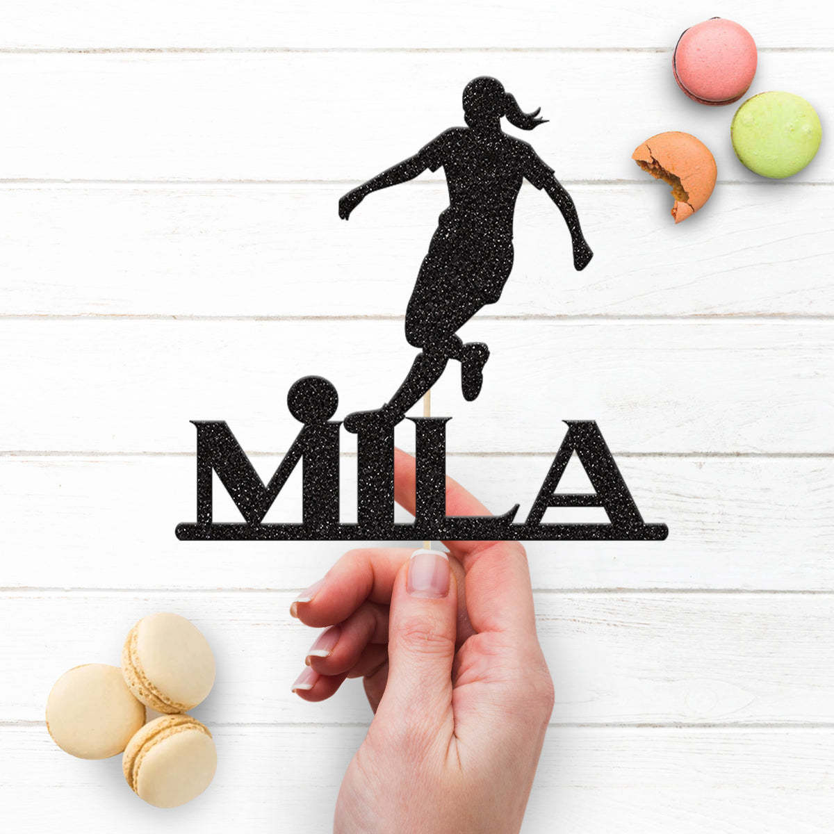 Personalised Female Footballer Silhouette Cake Topper – Name - view 3