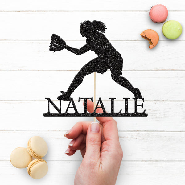 Personalised Female Softball Fielder Cake Topper – Name - view 3