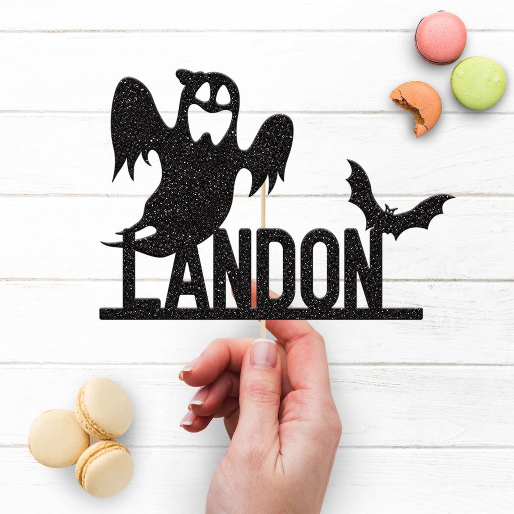 Personalised Ghost and Bat Halloween Cake Topper – Name - view 3