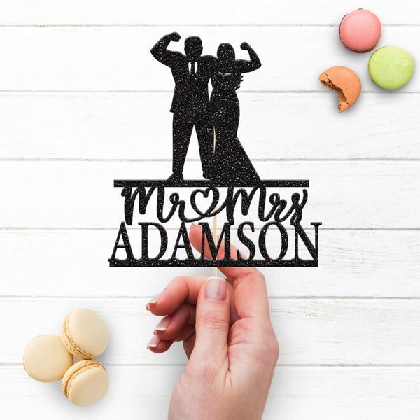 Personalised Flexing Fitness Couple Wedding Cake Topper – Surname - view 3