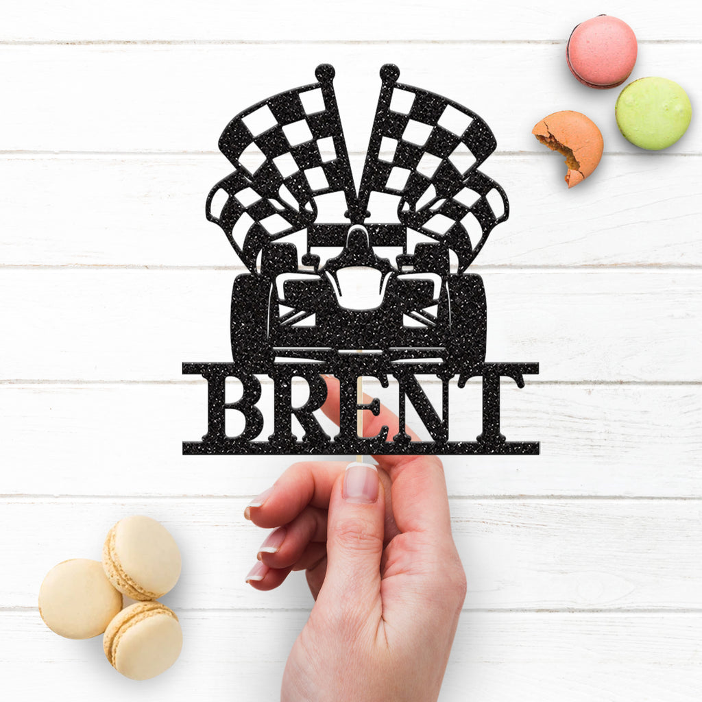 Personalised Chequered Flag Racing Car Cake Topper – Name - view 3