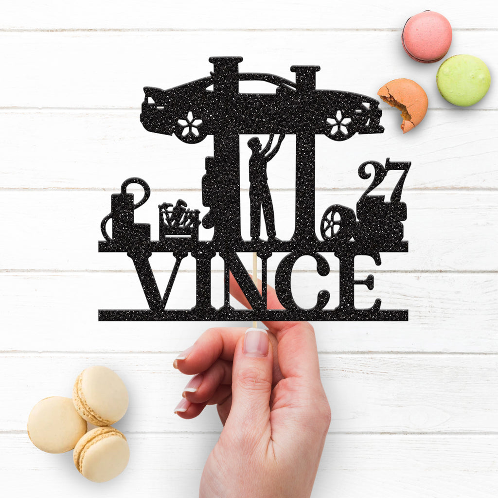 Personalised Mechanic and Car Lift Cake Topper – Name & Age - view 3