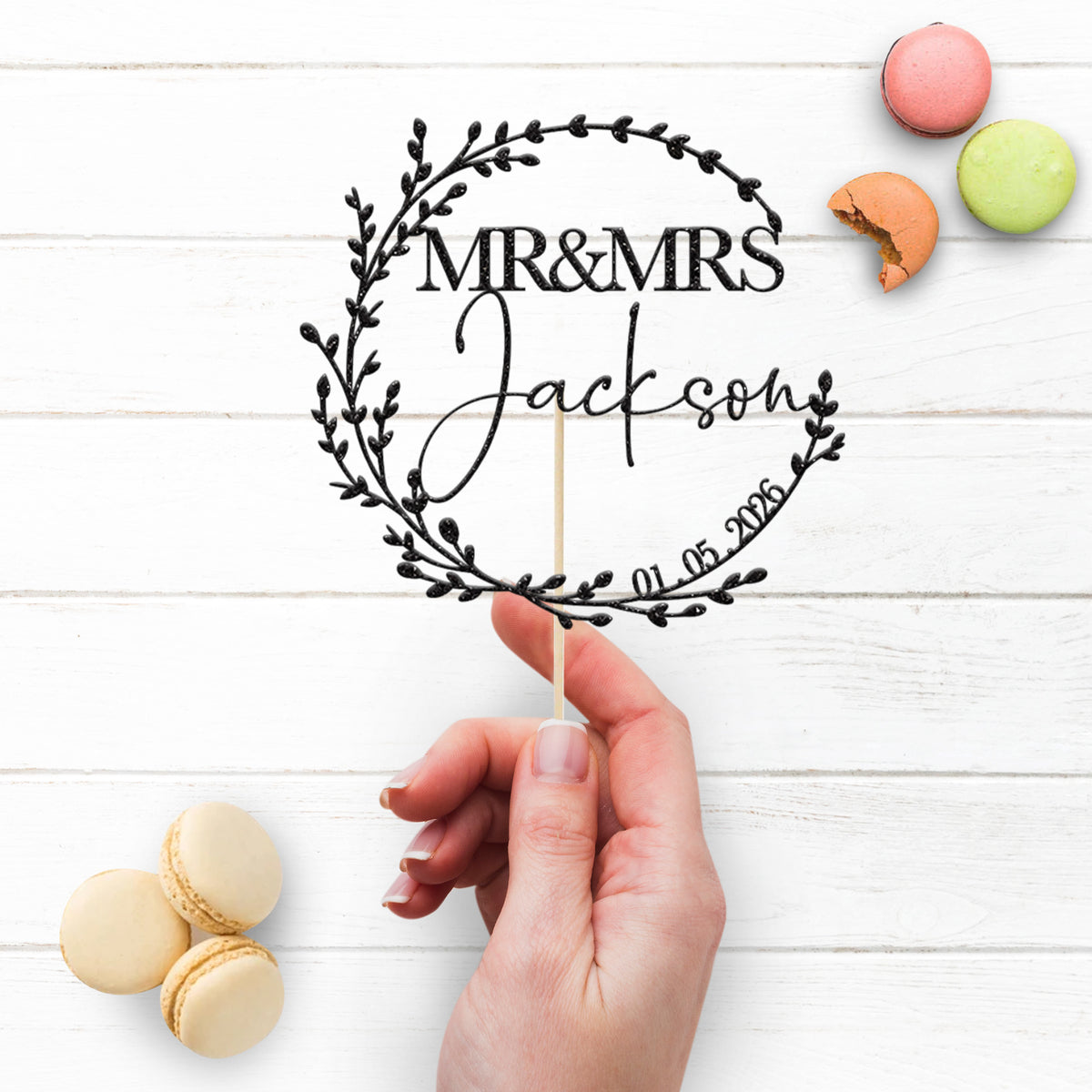 Personalised Leaf Wreath Wedding Cake Topper – Surname & Date - view 3
