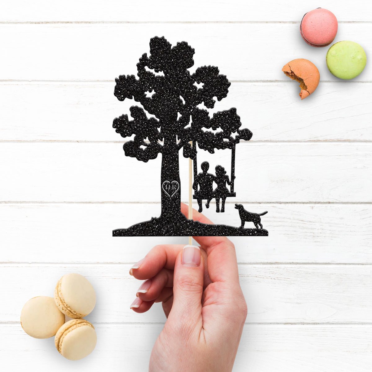Personalised Tree Swing Couple with Dog Cake Topper – Initials - view 3