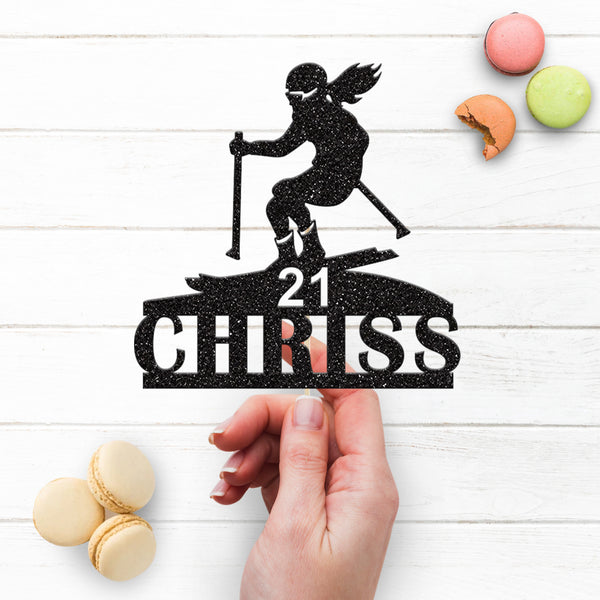 Personalised Female Skier Cake Topper – Name & Age - view 3